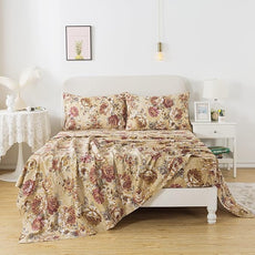 FADFAY Sheets Set Twin XL Tan Peony Floral Bedding Shabby Brown Flower Bed Sheet Set Vintage Farmhouse Bedding 100% Percale Cotton Breathable Set with Deep Pocket Fitted Sheet 4Pcs, Twin XL Size