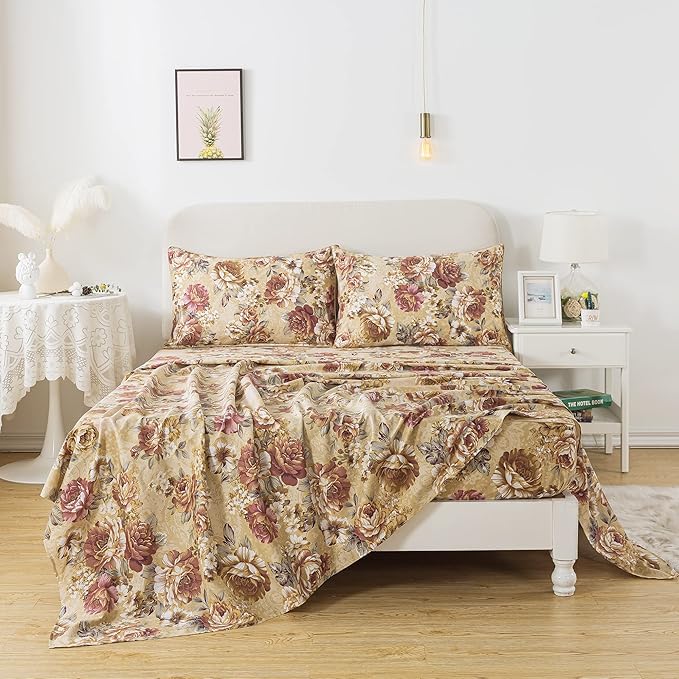 FADFAY Sheets Set Cal King Tan Peony Floral Bed Sheet Set Vintage Farmhouse Bedding 100% Cotton Breathable Bedding with Deep Pocket Fitted Sheet 4Pcs, California King Size