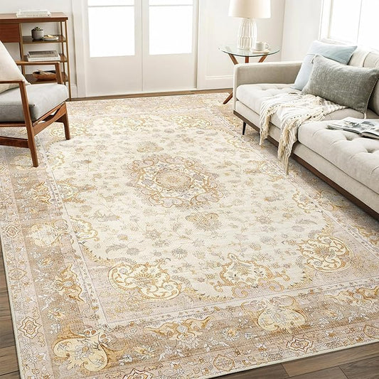 5'x7' Area Rugs Washable,Boho Rug for Living Room Bedroom,Large Vintage Bohemian Distressed Oriental Carpet Non Slip,Beige Gold Floral
