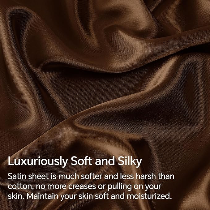BEDELITE Satin Sheets Full Size Bed Set, Luxury Soft Brown Silky Sheets for Hair and Skin, Similar to Silk Bed Sheets Set 4 Pieces with 1 Deep Pocket Fitted Sheet, 1 Flat Sheet, and 2 Pillowcases