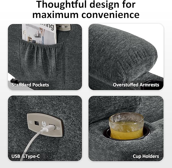 MCombo Oversized Power Lift Recliner Chair with Extended Footrest, Extra Wide 27.2" for Big and Tall Elderly People, Fabric R7289 (Dark Gray, Medium-Oversize)