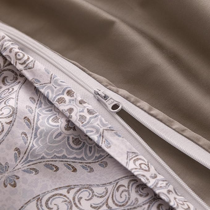 HeimenAogo Egyptian Cotton Duvet Cover King Size Sateen Weave, Silky Soft Duvet Cover with Zipper Closure, Long Staple Cotton Comforter Cover Bohemian Damask Geometric 3 Pcs
