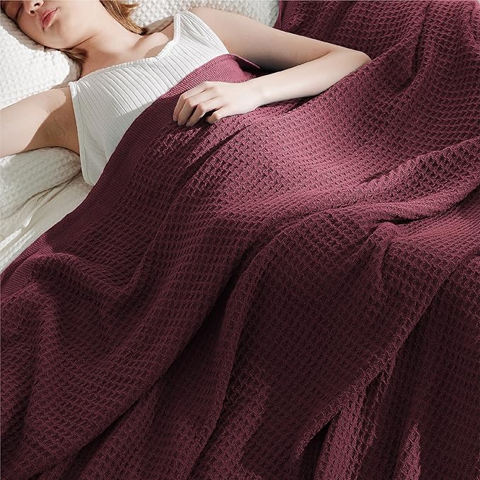 Bedsure Gentlesoft 100% Cotton Blanket King Size for Bed - Breathable and Soft, Thick Cozy Waffle Weave Christmas Blanket Gift for Women, Burgundy, 104x90 inches
