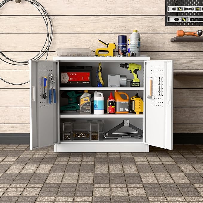 SUXXAN Metal Storage Cabinet with Pegboard 31.5'' x 31.5'' x 16.5'',Lockable Rolling Steel Storage Cabinet with 5 Adjustable Shelves and Door for Garage, Office, Kitchen, Assembly Required(White)