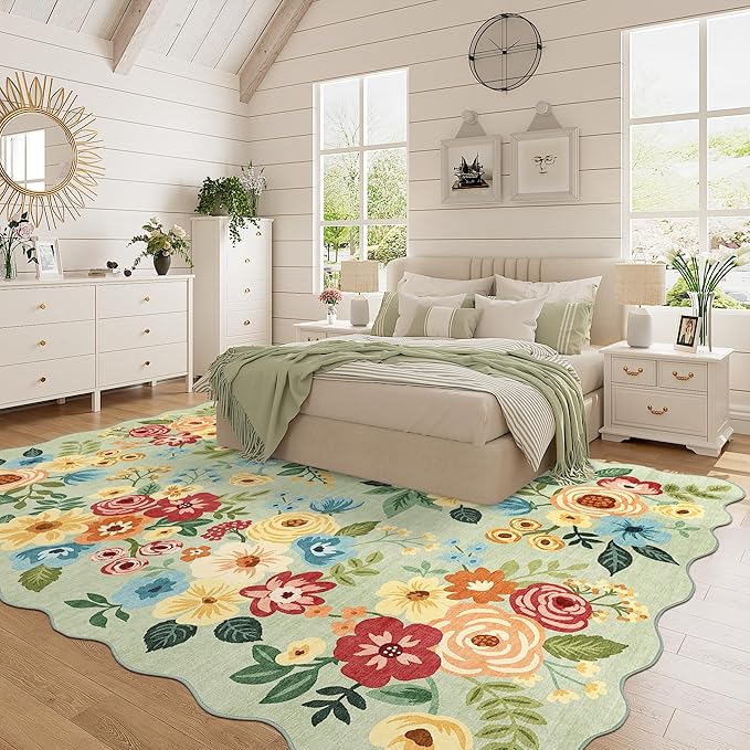 DUKINO 6x9 Area Rug, Floral Washable Rugs for Living Room with Non Slip Backing & Non-Shedding, Lightwight Low Pile Boho Design Large Carpets for Bedroom, Living Room, Dining Room, Green