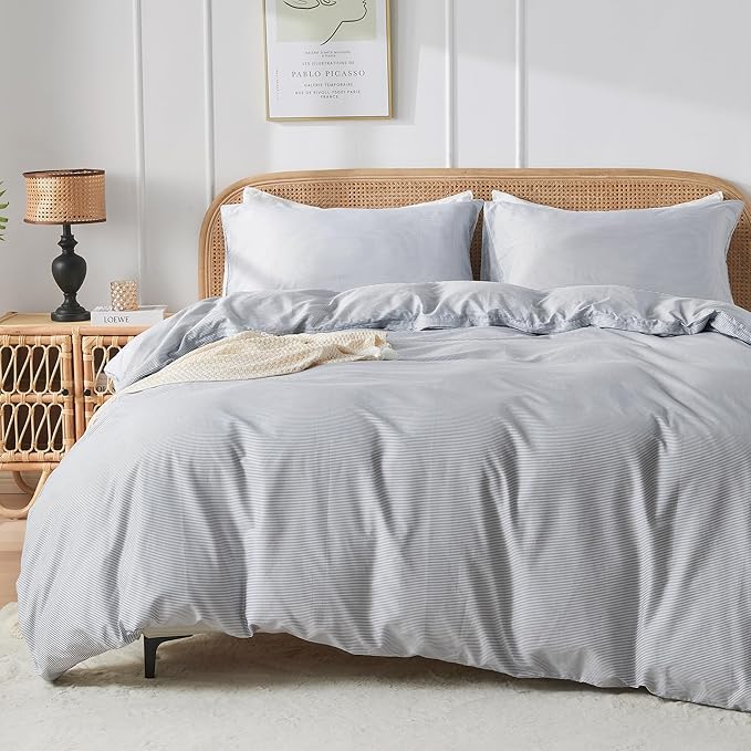 JELLYMONI 100% Natural Cotton 3pcs Striped Duvet Cover Sets,Blue Duvet Cover with Thin White Stripes Pattern Printed Comforter Cover,with Zipper Closure & Corner Ties(Full Size)