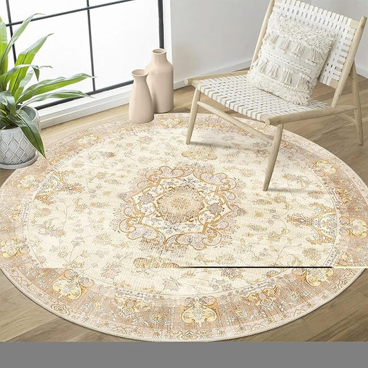 Beige Round Rug 4ft,Circle Washable Area Rugs for Bedroom Bathroom Entryway Kitchen,Small Boho Vintage Bohemian Distressed Oriental Floral Carpet Non Slip,Retro Gold Floral