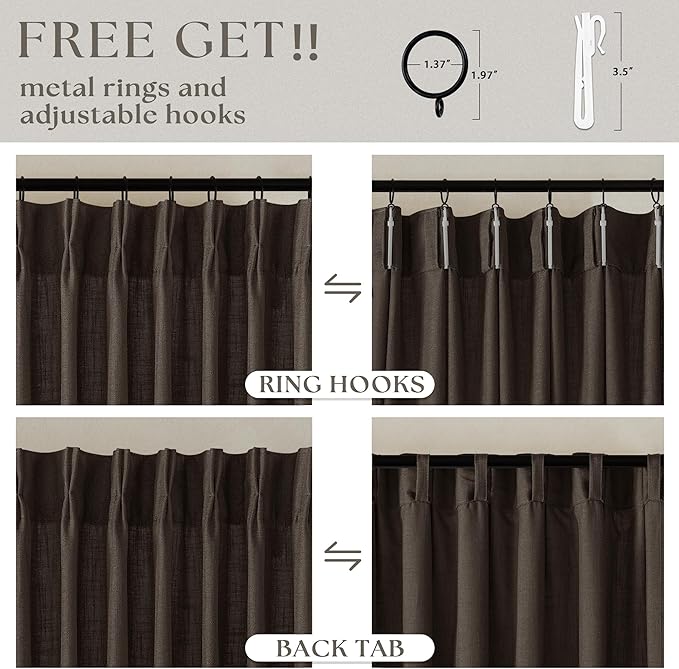 Dark Chocolate Pinch Pleated Linen Curtains 2 Panels for Living Room Bedroom Memory Training Shaped Semi Sheer Pleat Drapes with Hooks Rings Light Filtering Window Curtain 40x84