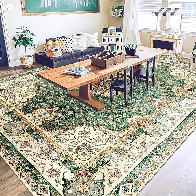 9'x12' Area Rugs Washable,Large Green Rug for Living Room Bedroom Dining Room,Boho Vintage Bohemian Distressed Oriental Carpet Non Slip,Retro Sage Floral