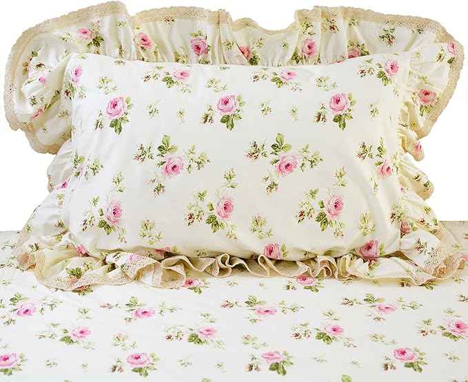 FADFAY Rosette Floral Print Duvet Cover Set Princess Lace Ruffle Bedding Set for Girls 3 Pieces California King Size