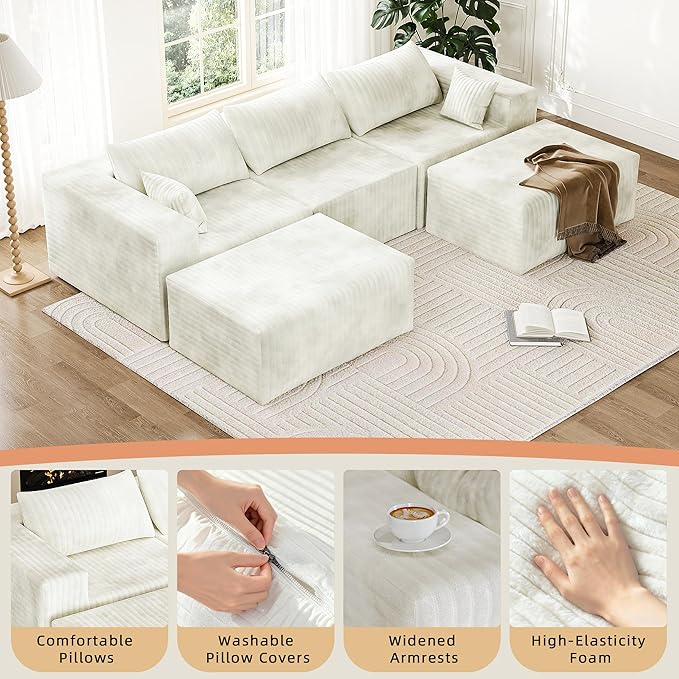 110" Cloud Couch Sectional for Living Room U-Shape Boneless Couches Modular Sectional Sofa with Deep Seat with Chaise,No Assembly Required, Carbon White(Plush Corduroy Fabric)