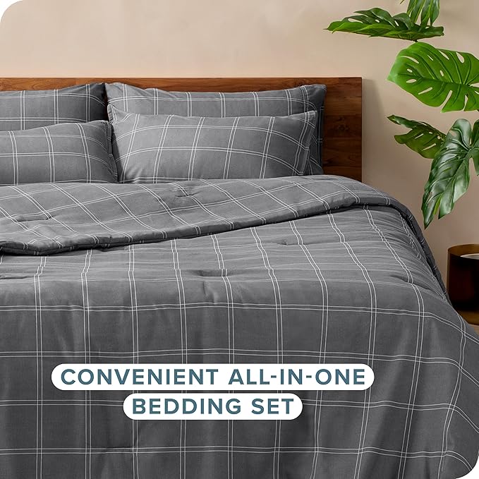 Bare Home Bed-in-A-Bag 7 Piece Comforter & Sheet Set - Queen - Track Stitch - Goose Down Alternative - Ultra-Soft 1800 Premium - Bedding Set (Queen, Modern Plaid - Grey/White)