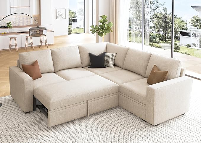 HONBAY Modular Sectional Sleeper Sofa with Pull Out Bed, L Shaped Couch with Storage Seat, Convertible Sectional Couches for Living Room, Beige