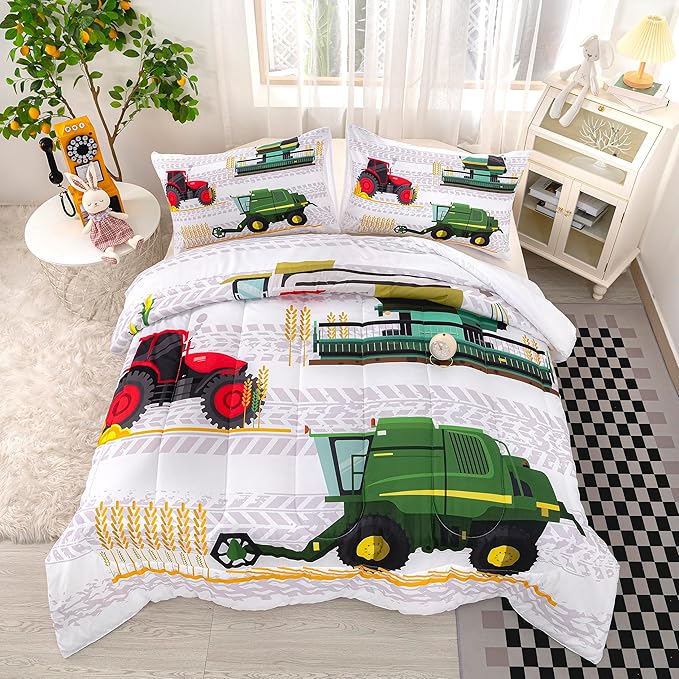 CVHOUSE Tractor Bedding Sets for Boys,Excavators Comforter King,Boys Cartoon Truck Comforter Set,Trucks Tractors Cars Quilt Set with 1 Comforter and 2 Pillow Cases- 3 Piece