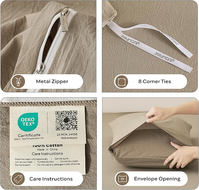 JELLYMONI Duvet Cover King Size - Washed Cotton Comforter Cover with Linen-Like Texture,Breathable & Soft Bedding for Modern Home,Guest Room and Everyday Use,Dusty Khaki 1 Duvet Cover & 2 Pillowcases