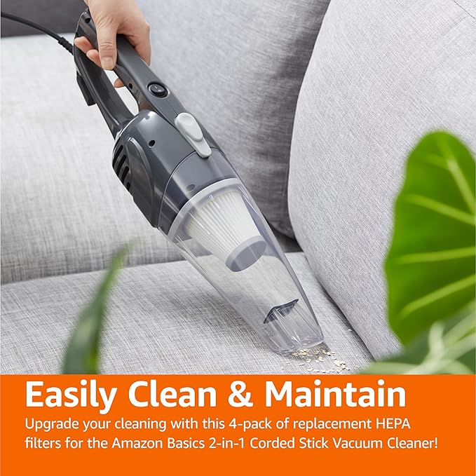 Amazon Basics Washable Replacement Filters 2-in-1 Corded Stick Vacuum Cleaner ONLY (not for Other Models), HEPA, Pack of 4, White