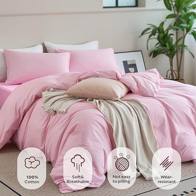 JELLYMONI 100% Natural Cotton 2pcs Striped Duvet Cover Sets,White with Pink Stripes Pattern Printed Comforter Cover,with Zipper Closure & Corner Ties(Twin Size)