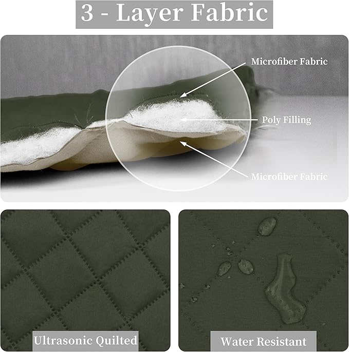Easy-Going Queen Plus Size Reversible Quilt Set with 1 Quilt and 2 Pillow Shams, Soft Bed Quilt Cover, Water Resistant Lightweight Microfiber Bedspread, Stain Resistant, Army Green/Beige