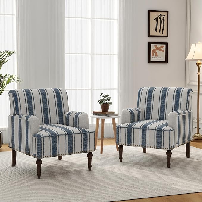 Accent Chair, Mid Century Modern Comfy Armchair for Living Room, Linen Fabric Single Sofa Lounge for Reading Bedroom Apartment Waiting Room with Wood Legs (Dark Blue Stripe, Set of 2)