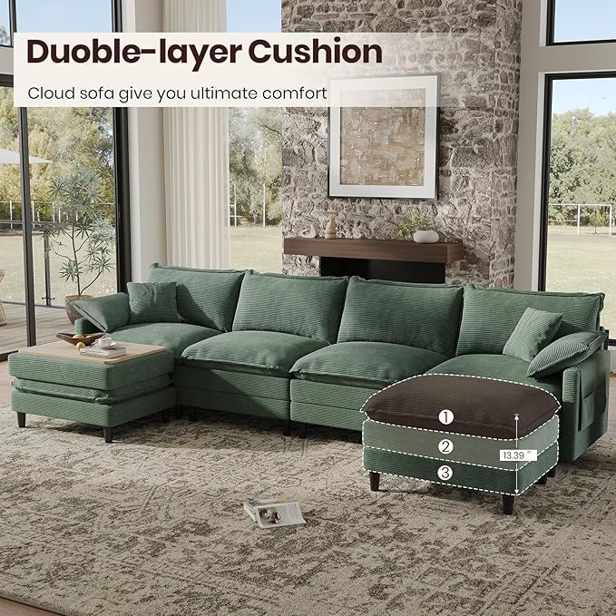 143" U Shaped Modular Sectional Cloud Couch with Two Ottoman, Snap-on Easy Installation 6-Piece Deep Seat Sofa with Storage Bag and Coffee Table for Living Room, Corduroy, Green