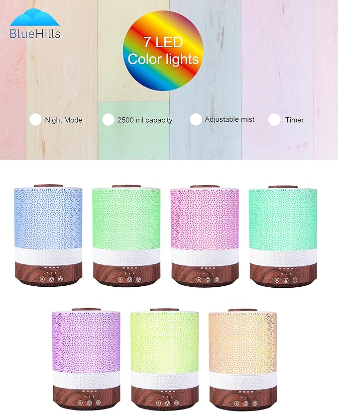 BlueHills 2500 ML XL Essential Oil Diffuser for Large Room Aroma Humidifier Home Decor Bed Baby Room Big Huge 2.5 L Capacity Long Run Color Lights Decorative Design High Mist Dark Wood Grain F004