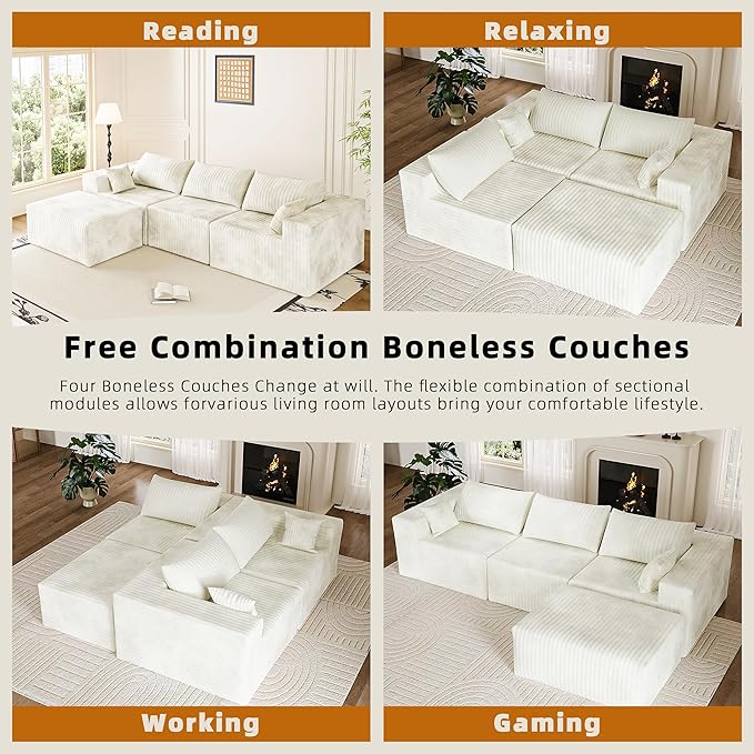 110" Cloud Couch Sectional for Living Room L-Shape Boneless Couches Modular Sectional Sofa with Deep Seat with Chaise,No Assembly Required, Carbon White(Plush Corduroy Fabric)