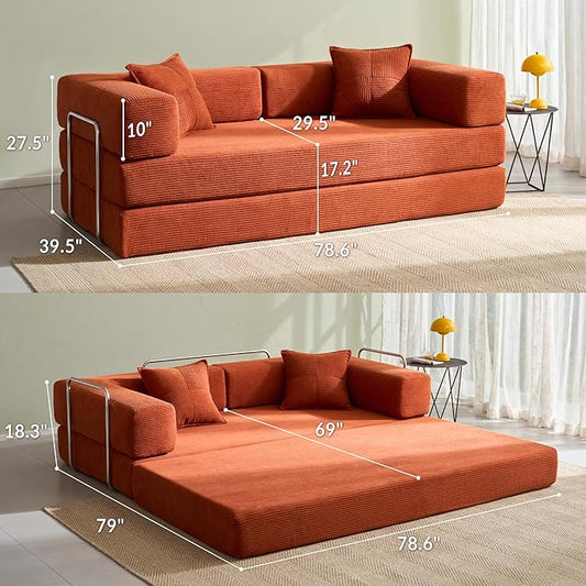 YINIX Foldable Sofa Bed, 78'' Folding Floor Couch, Compressed Convertable Sleeper Sofa, Memory Foam Couch with Pillow Back Support Armrest, 4-in-1 Futon Sofa Bed for Living Room, Orange