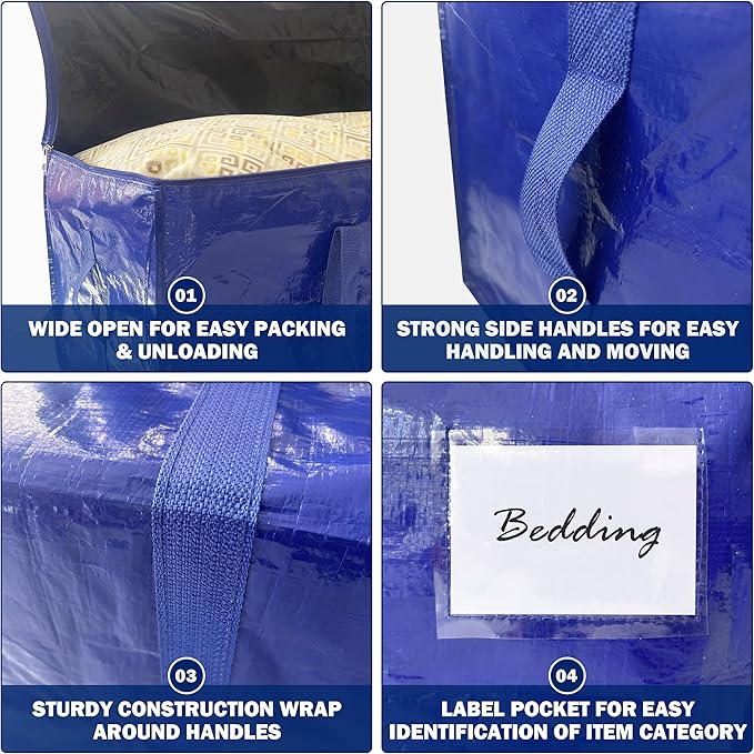 12 Pack Extra Heavy Duty Large Moving Bags with Strong Zipper & Carrying Handles, Sturdy Clothes Storage Bag Totes Bins, Packing Bags Moving Boxes College Moving Supplies, Dark Blue - 40 gal