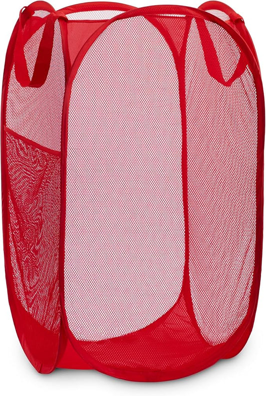 Handy Laundry Collapsible Mesh Pop Up Hamper with Wide Opening and Side Pocket - Breathable, Sturdy, Foldable, and Space-Saving Design for Clothes and Storage (Red)