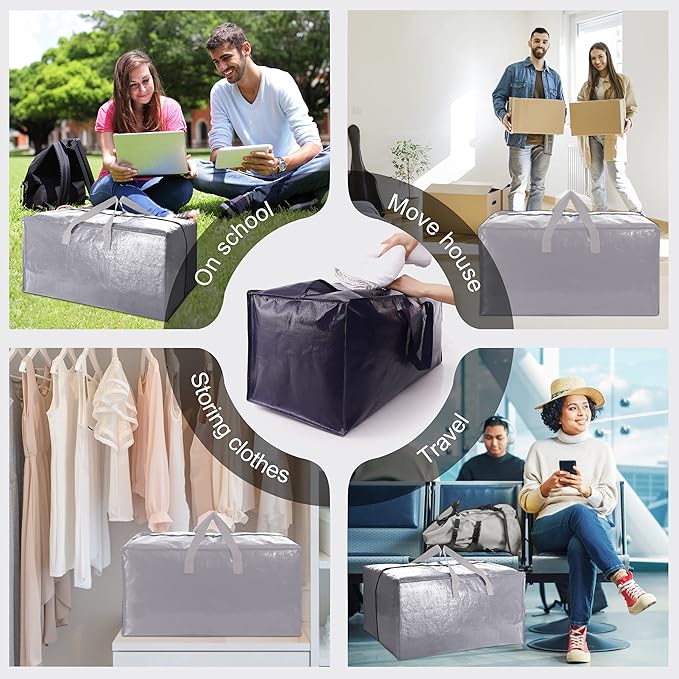 Heavy Duty Extra Large Moving Bags W/Backpack Straps - Strong Handles & Zippers, Storage Totes For Space Saving, Fold Flat, Alternative to Moving Box and Storage Bin (Set of 6, Silver)