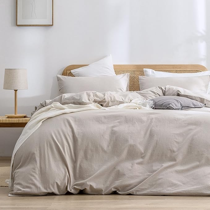 BESTOUCH Duvet Cover Set 100% Washed Cotton Linen Feel Super Soft Comfortable Chic Lightweight 3 PCs Home Bedding Set Solid Linen Grey Super Queen