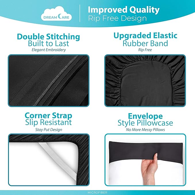 DREAMCARE Twin XL Sheet Sets – 3pcs Cooling Sheets – up to 15” Deep Pocket Twin XL Sheets Set – Hotel Luxury Sheets & Pillowcases – Superior Softness 100% Fine Microfiber with Side Pocket – Black DREAMCARE