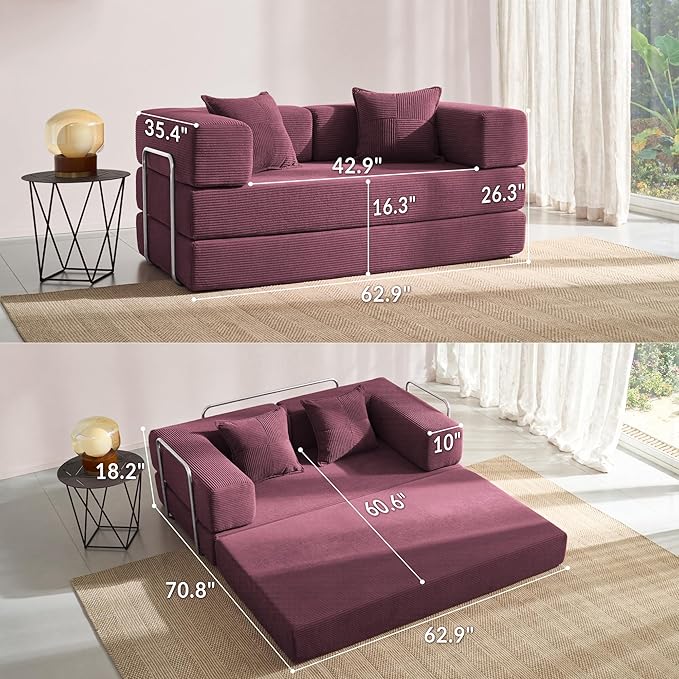 YINIX Foldable Sofa Bed, 62'' Folding Floor Couch, Compressed Convertable Sleeper Sofa, Memory Foam Couch with Pillow Back Support Armrest, 4-in-1 Futon Sofa Bed for Living Room, Wine Red