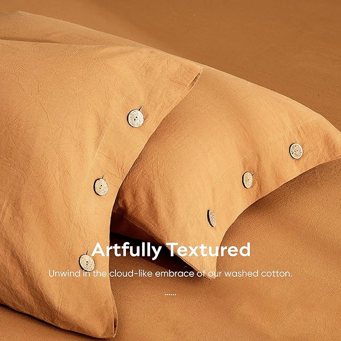 JELLYMONI 100% Washed Cotton Standard Pillowcases Set, 2 Pack Linen-Like Texture Breathable Pillow Covers with Button Closure,Amber Orange Standard 20"×26"(Pillows are not Included)