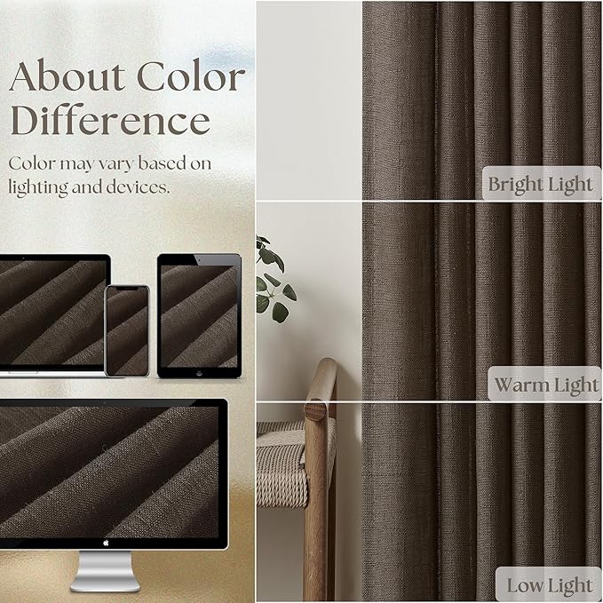 Dark Chocolate Pinch Pleated Linen Curtains 2 Panels for Living Room Bedroom Memory Training Shaped Semi Sheer Pleat Drapes with Hooks Rings Light Filtering Window Curtain 40x90