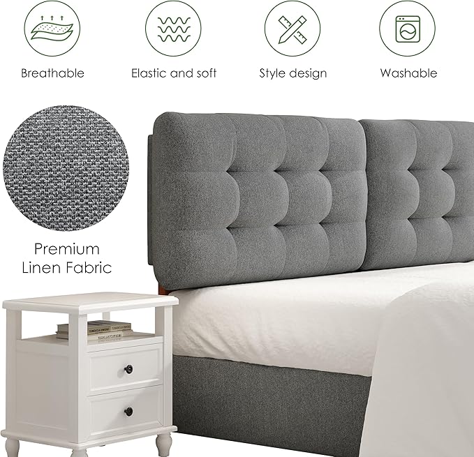 Tufted Upholstered King Headboard, King Size Headboard Only with Durable Solid Wood Legs, Modern Button Diamond Fabric Head Board with Adjustable Height from 39" to 44" and Width Adapters, Grey