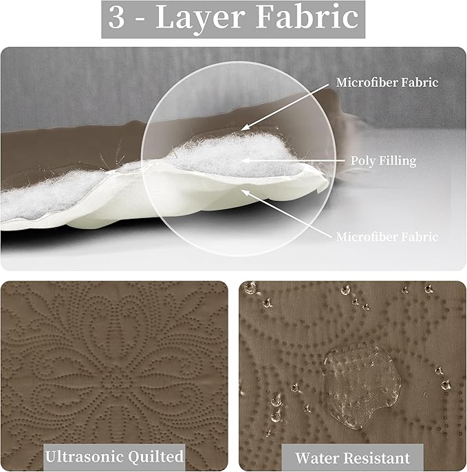Easy-Going Full/Queen Size Reversible Quilt Set with 1 Quilt and 2 Pillow Shams, Soft Bed Quilt Cover, Water Resistant Lightweight Microfiber Bedspread, Stain Resistant, Damask-Camel/Ivory