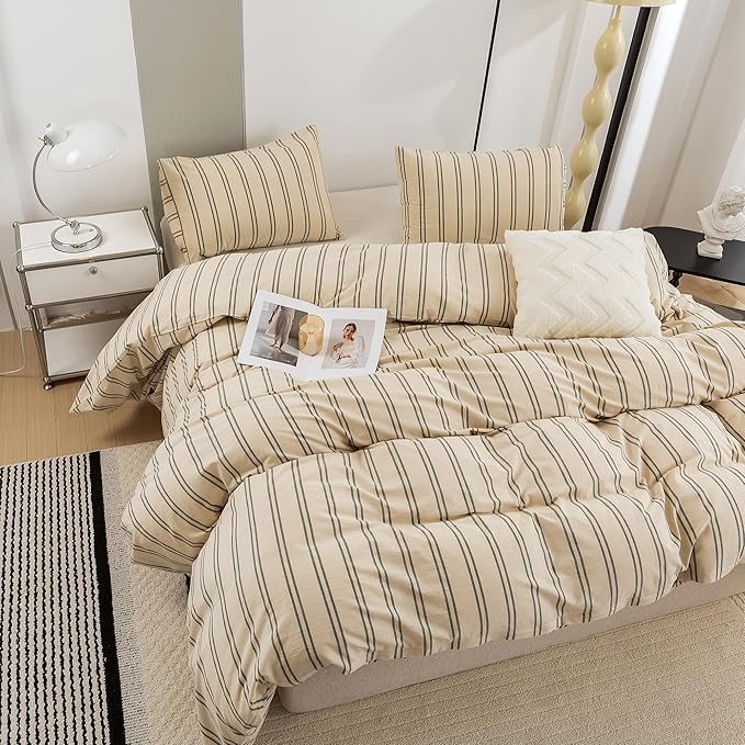 ECOCOTT Duvet Cover Twin Size - Linen Feel Organic Natural 100% Washed Cotton, Soft Breathable & Durable Bedding Set, Comfy Stripe Design for All Seasons