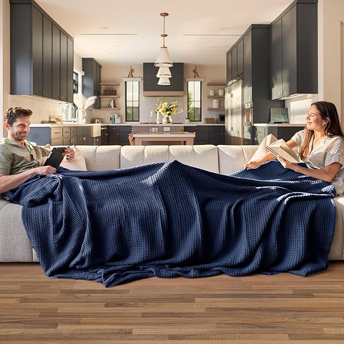 Bedsure Gentlesoft 100% Cotton Blanket Queen Size for Bed - Breathable and Soft, Thick Cozy Waffle Weave Christmas Blanket Gift for Women, Pageant Blue, 90x90 Inches