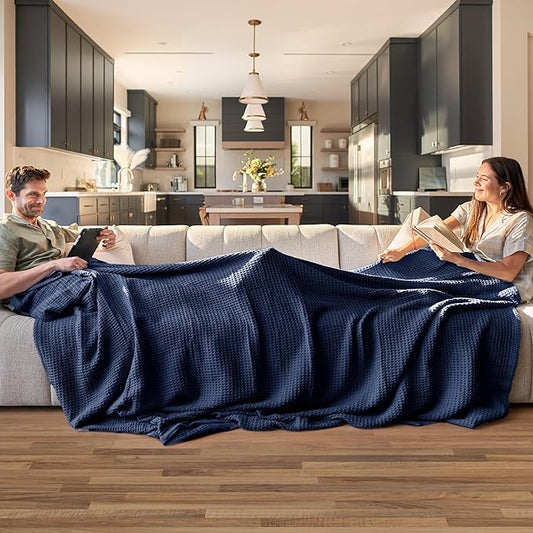 Bedsure Gentlesoft 100% Cotton Blanket Queen Size for Bed - Breathable and Soft, Thick Cozy Waffle Weave Christmas Blanket Gift for Women, Pageant Blue, 90x90 Inches