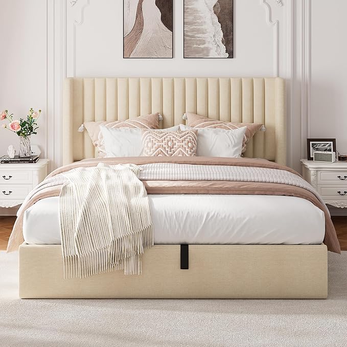 Queen Size Lift Up Storage Bed, Upholstered Platform Bed Frame with Wingback Headboard, Hydraulic System, Solid Wooden Slats Support, Noise-Free, No Box Spring Needed, Easy Assembly, Beige