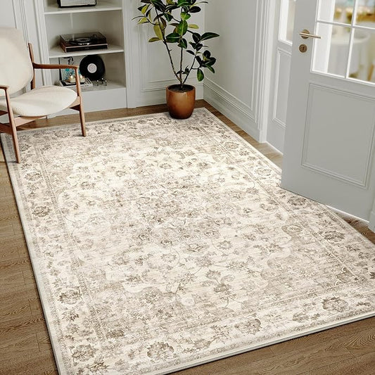 5x7 Washable Neutral Area Rug Beige Vintage Living Room Bedroom Carpet Non-Slip Soft Medium Pile Floral Indoor Throw Rug for Dining Room Entryway Office