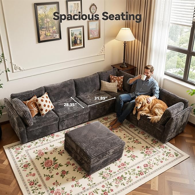 Large 7 Seat Modular Sectional Sofa with Ottoman Seat Corduroy Sleeper Sectional Sofa Bed Oversized Convertible Modular Couch for Living Room