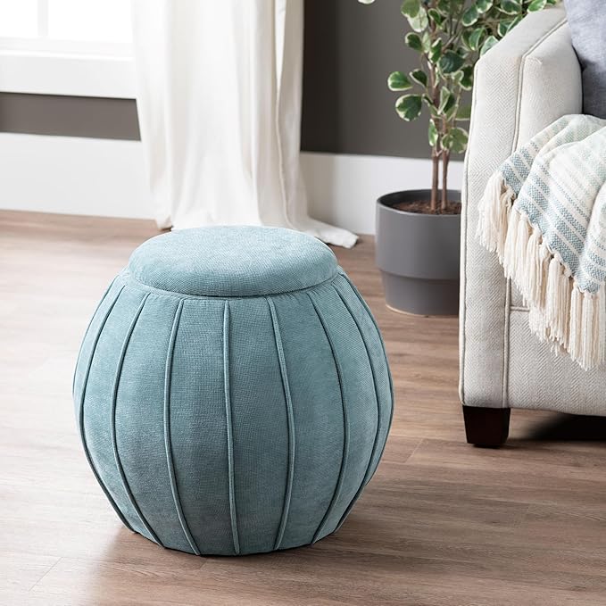 Crestview Collection 18" Foot Stool Ottoman, Round Storage Ottoman Removable Seat, Fabric Round Foot Rest, Vanity Stool, Extra Seating for Living Room, Bedroom, Entryway (Blue)