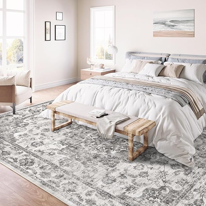 6x9 Washable Neutral Area Rug Black Vintage Living Room Bedroom Carpet Non-Slip Soft Low Pile Floral Indoor Throw Rug for Dining Room Entryway Office