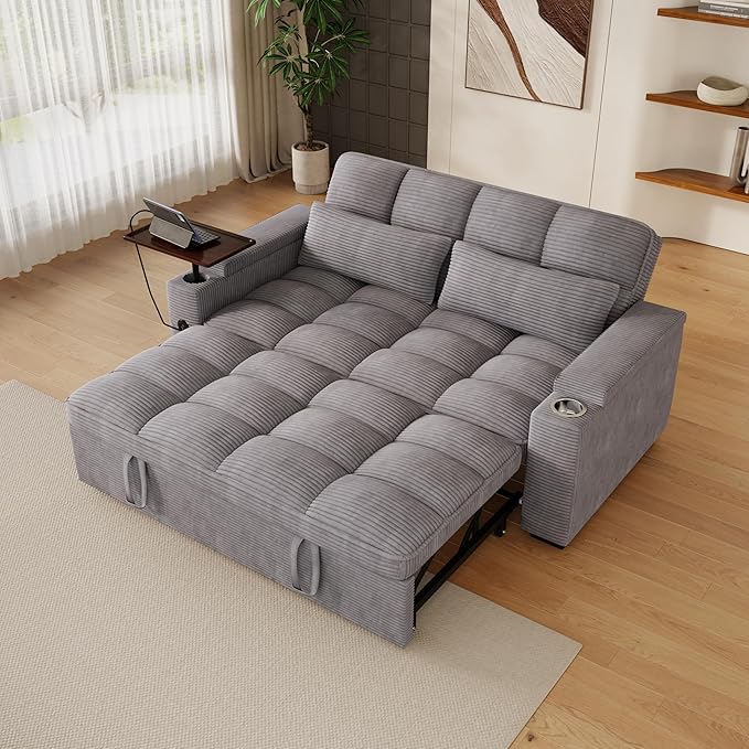 65" Sofa Bed, Loveseat 3-in-1 Sleeper Sofa with Pull Out Bed, 360° Swivel Side Table and USB, 2 Seater Convertible Small Couch for Living Room Apartment (Gray, Corduroy)