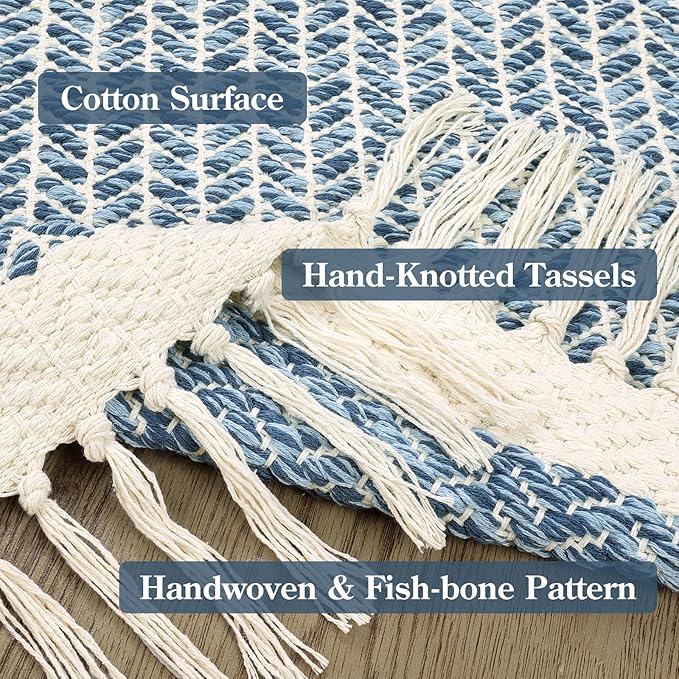Lahome Boho Kitchen Runner Rug, 2'6''x8 Runners for Hallways Lightweight Bathroom Rug Woven Cotton Throw Mat with Tassels, Farmhouse Blue Runner Rugs Non Shedding Rugs for Laundry Room Rv Decor