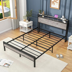 HOJINLINERO Queen Bed Frame with Storage Headboard/Power Outlets/USB Ports Charging Station,Metal Bed Frame Queen Size No Box Spring Needed,Under Bed Storage,Easy Assembly,Warm Grey
