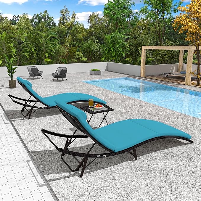 Patio Chaise Lounge Set 3 Pieces Pool Lounge Chairs,Cushioned Outdoor Folding Lounge Chair w/Rattan Adjustable Backrest for Poolside Porch,Folding Table Included,Turquoise Blue