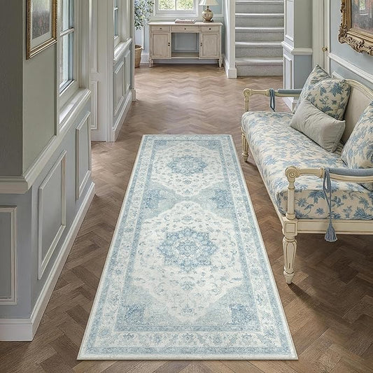 Blue Runner Rug 2x6 Washable Vintage Carpet for Hallway Kitchen Soft Retro Low Pile Thin Indoor Runner Non Slip Oriental Medallion Long Throw Rug for Bathroom Bedroom Laundry Dining Room